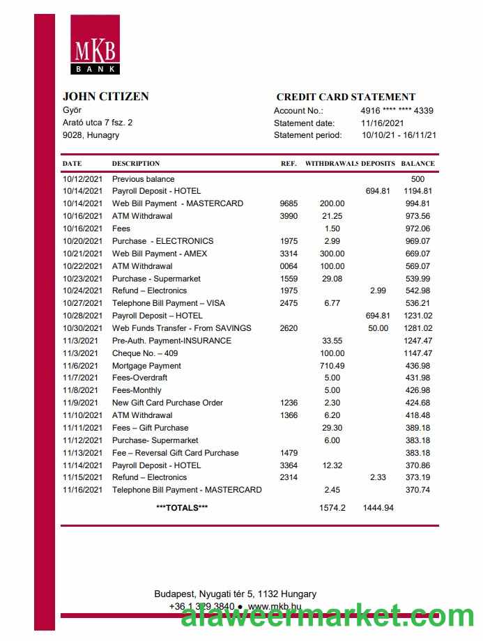 Hungary MKB Bank statement easy to fill template in .xls and .pdf file format